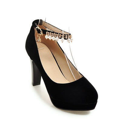 Women's  Pu Leather Round Toe Rhinestone Chunky Heel Platform Pumps