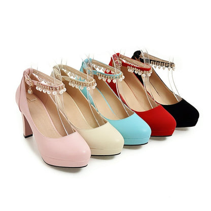 Women's  Pu Leather Round Toe Rhinestone Chunky Heel Platform Pumps