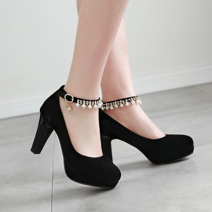 Women's  Pu Leather Round Toe Rhinestone Chunky Heel Platform Pumps