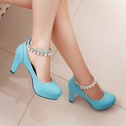 Women's  Pu Leather Round Toe Rhinestone Chunky Heel Platform Pumps