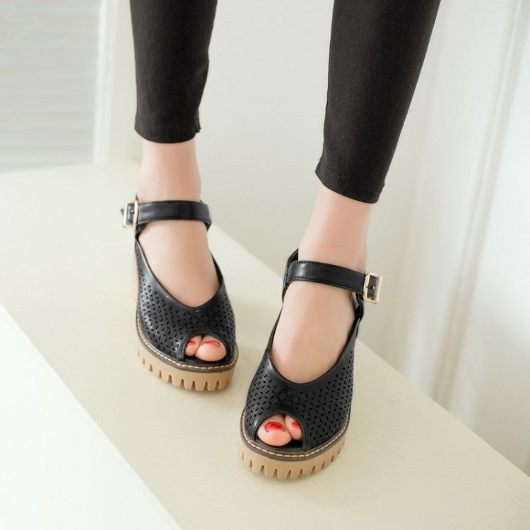 Women's's Peep Toe Hollow Out Chunky Heel Platform Sandals