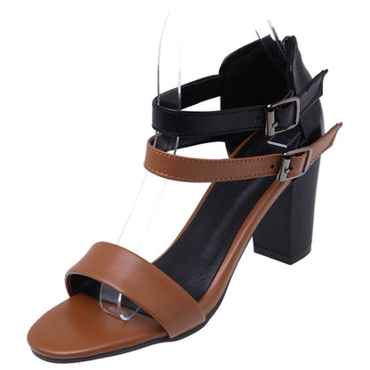 Women's Color Block Buckle Double Strap Block Heel Sandals