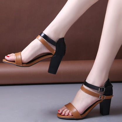 Women's Color Block Buckle Double Strap Block Heel Sandals