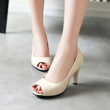 Women's Pumps Pu Leather Peep Toe Chunky Heel Shoes