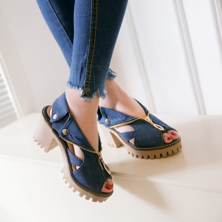 Women's's Denim Peep Toe Hollow Out Chunky Heel Platform Sandals