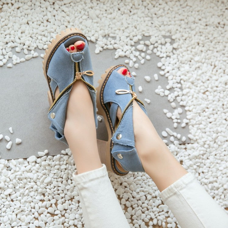 Women's's Denim Peep Toe Hollow Out Chunky Heel Platform Sandals