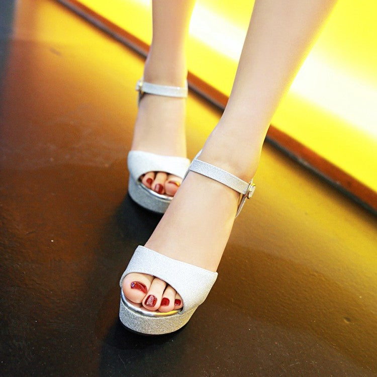 Women's Sparkling Peep Toe Ankle Strap Buckle Platform Chunky Heel Sandals