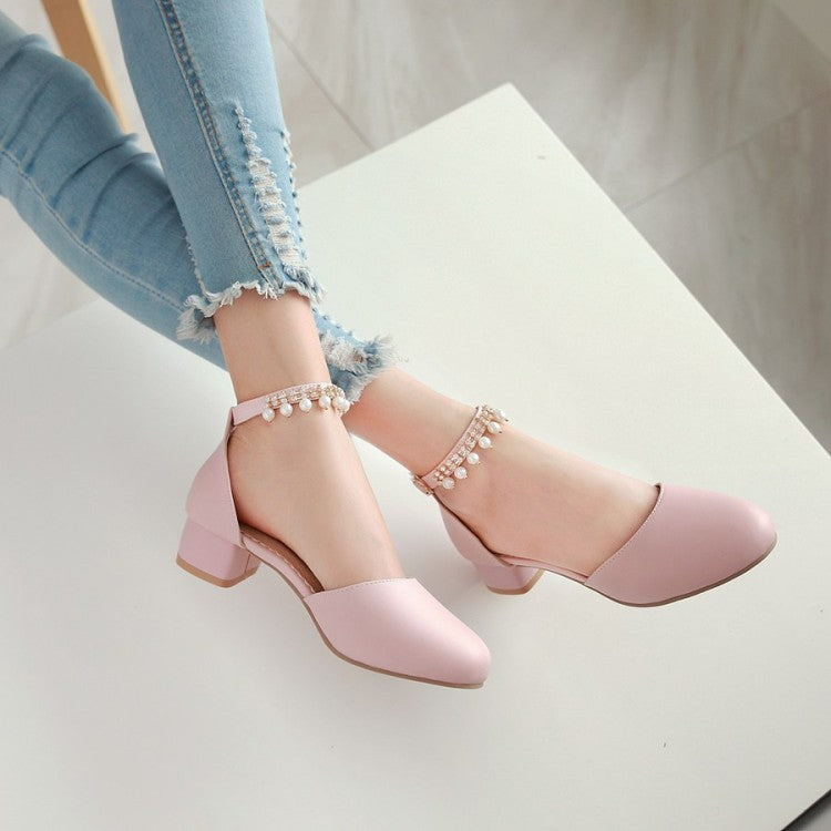 Women's Solid Color Round Toe Hollow Out Pearls Ankle Strap Block Heel Low Heels Sandals