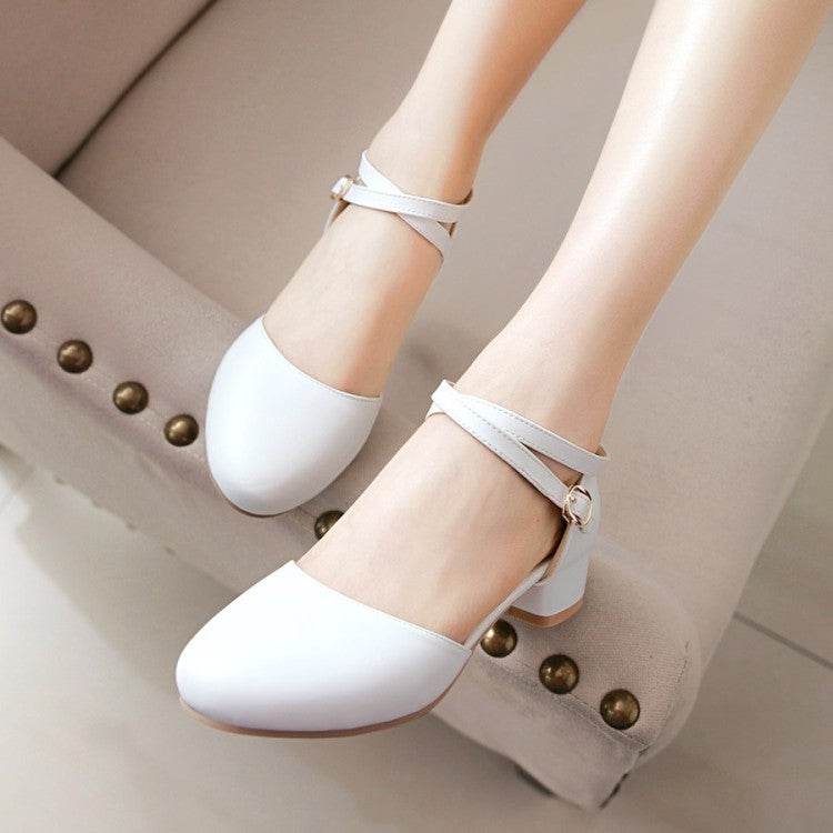 Women's Solid Color Hollow Out Ankle Strap Round Toe Block Heel Low Heels Sandals
