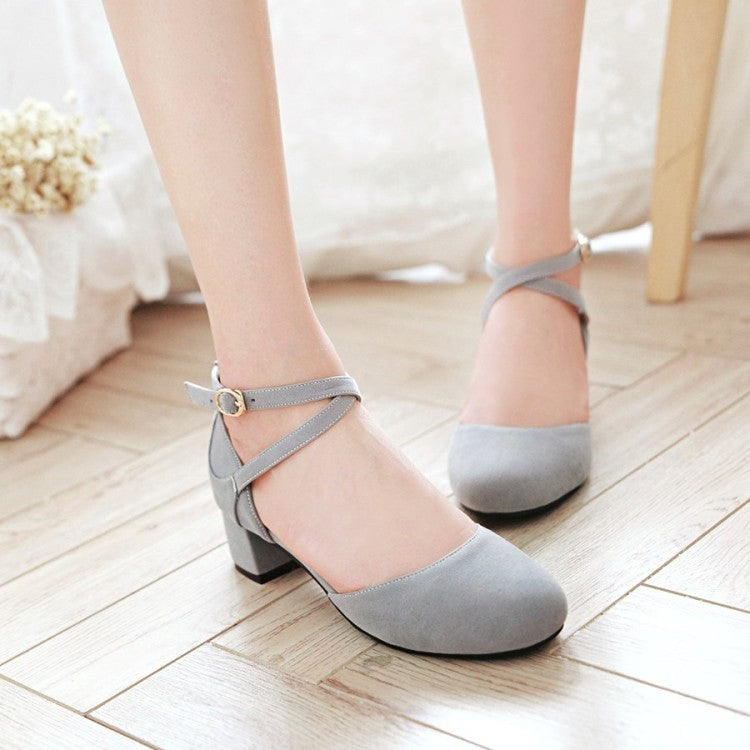 Women's Suede Solid Color Round Toe Cross Strap Block Heel Sandals