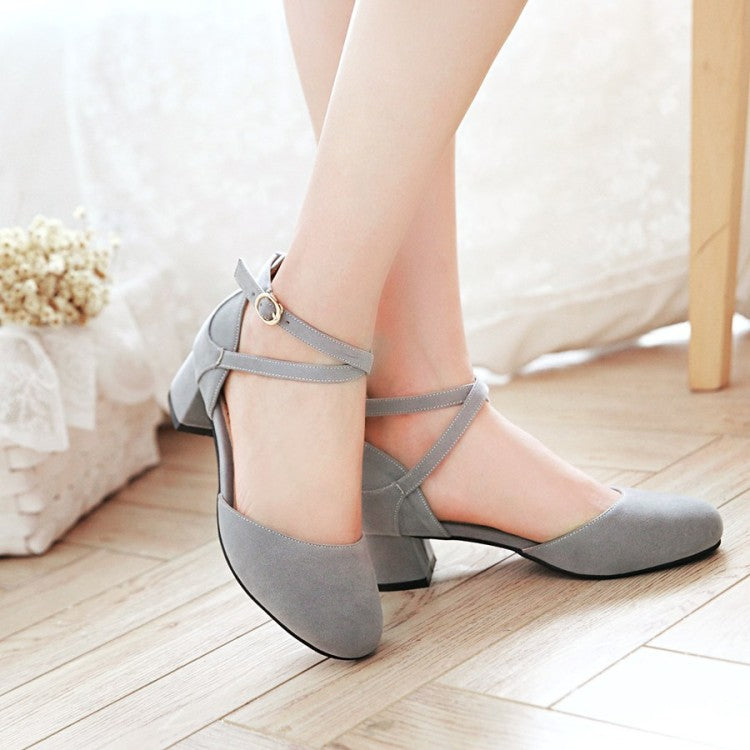 Women's Suede Solid Color Round Toe Cross Strap Block Heel Sandals