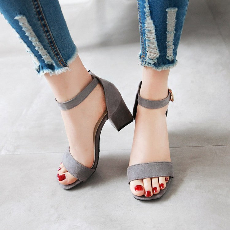 Women's Solid Color Ankle Strap Block Heel Sandals