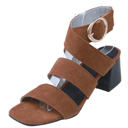 Women's Solid Color Suede Cross Strap Metal Buckle Block Heel Sandals