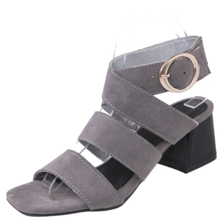 Women's Solid Color Suede Cross Strap Metal Buckle Block Heel Sandals