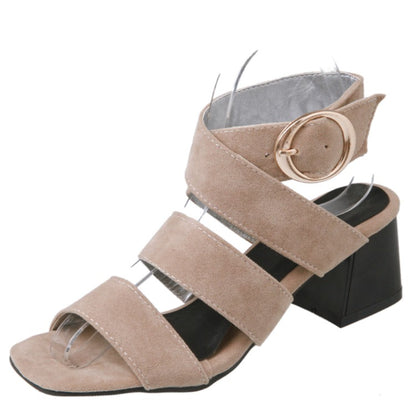 Women's Solid Color Suede Cross Strap Metal Buckle Block Heel Sandals