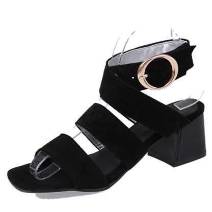 Women's Solid Color Suede Cross Strap Metal Buckle Block Heel Sandals