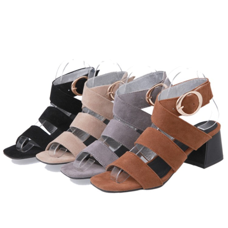 Women's Solid Color Suede Cross Strap Metal Buckle Block Heel Sandals