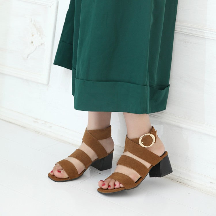Women's Solid Color Suede Cross Strap Metal Buckle Block Heel Sandals