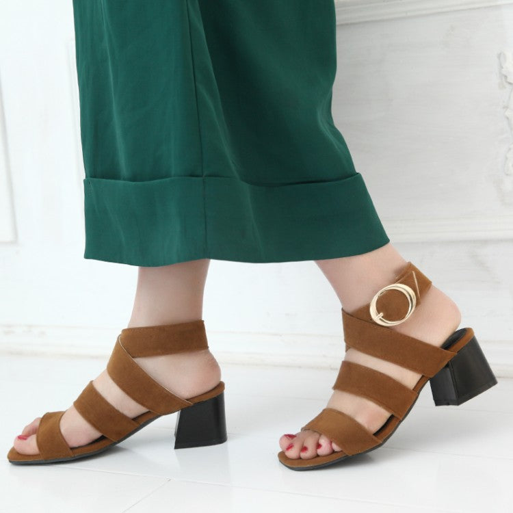 Women's Solid Color Suede Cross Strap Metal Buckle Block Heel Sandals