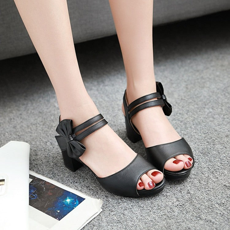 Women's Solid Color Double Ankle Strap Butterfly Knot Block Heels Sandals