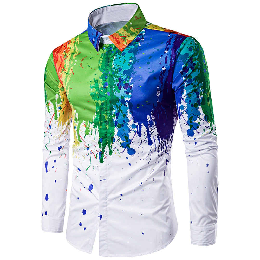 Men's Fashionable 3D Inked Print Colorful Turndown Collar Long Sleeve Shirt