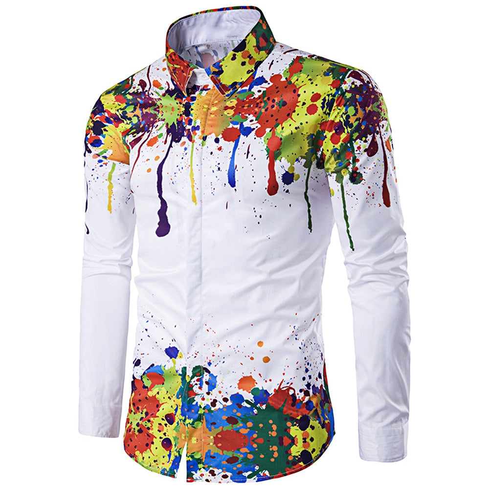 Colorful Splatter Paint Pattern Turndown Collar Long Sleeve Shirt 2647