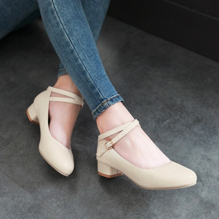 Women's Ankle Strap Chunky Pumps Low Heels Shoes