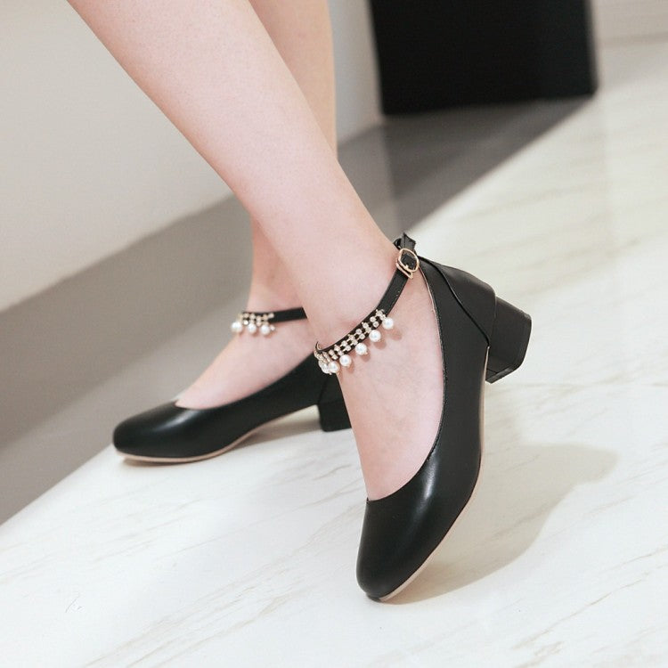 Women's Ankle Strap Pearl Chunky Heels Pumps Shoes