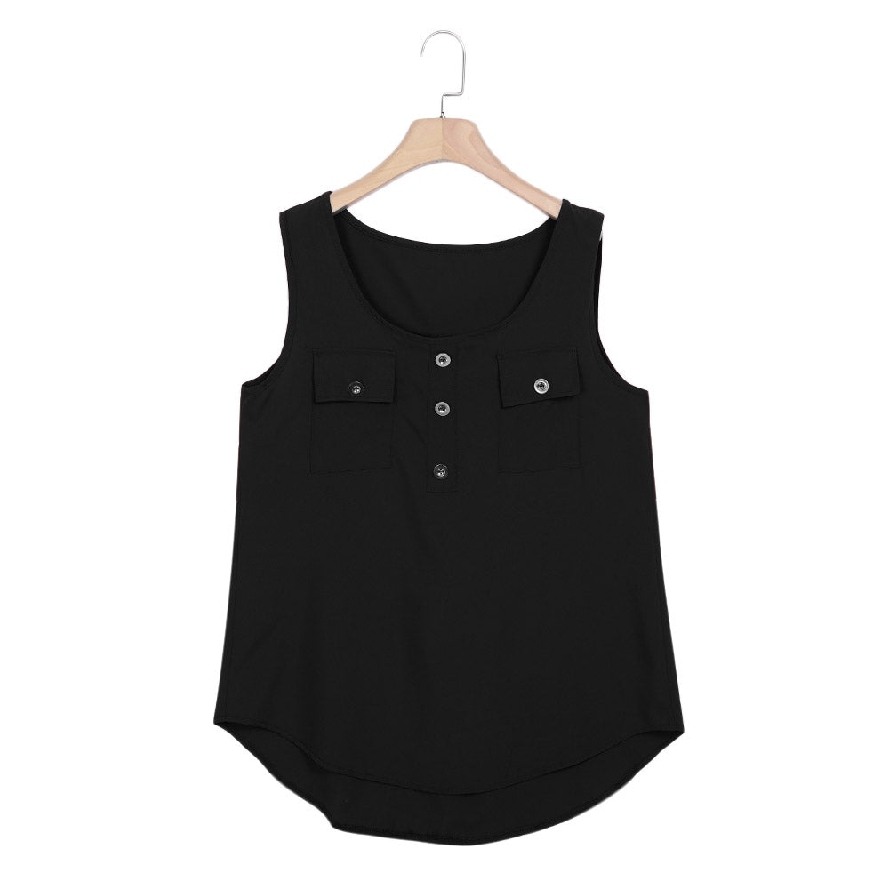 Stylish Scoop Neck Sleeveless Button Pocket Women T-shirt 3700