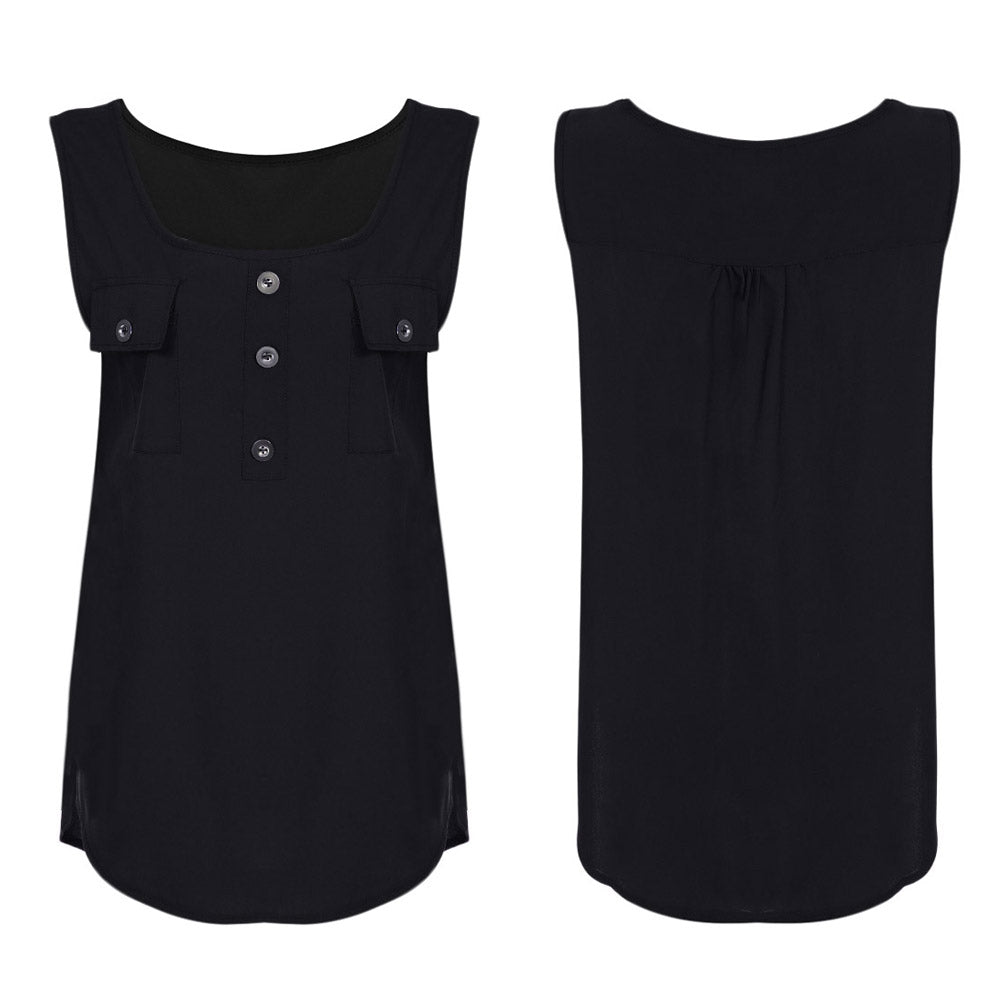 Stylish Scoop Neck Sleeveless Button Pocket Women T-shirt 3700
