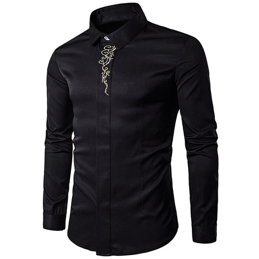 Cotton Lapel Collar Embroidered Long Sleeve Man Shirt 1908