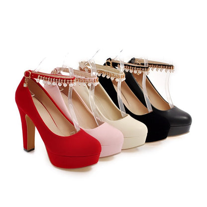 Women's  Round Toe Rhinestone Pearls Chunky Heel Platform Pumps