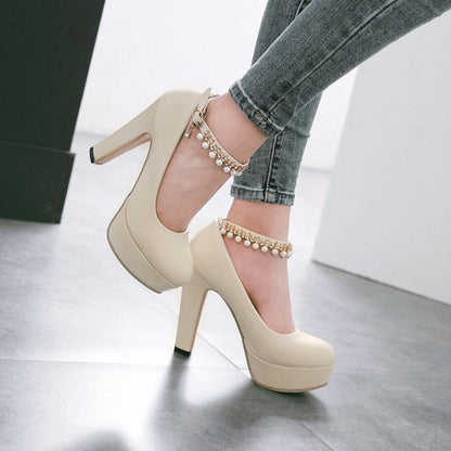 Women's  Round Toe Rhinestone Pearls Chunky Heel Platform Pumps