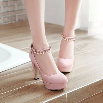 Women's  Round Toe Rhinestone Pearls Chunky Heel Platform Pumps