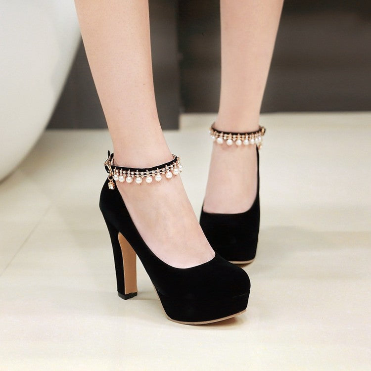 Women's  Round Toe Rhinestone Pearls Chunky Heel Platform Pumps