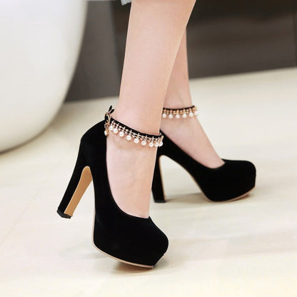 Women's  Round Toe Rhinestone Pearls Chunky Heel Platform Pumps