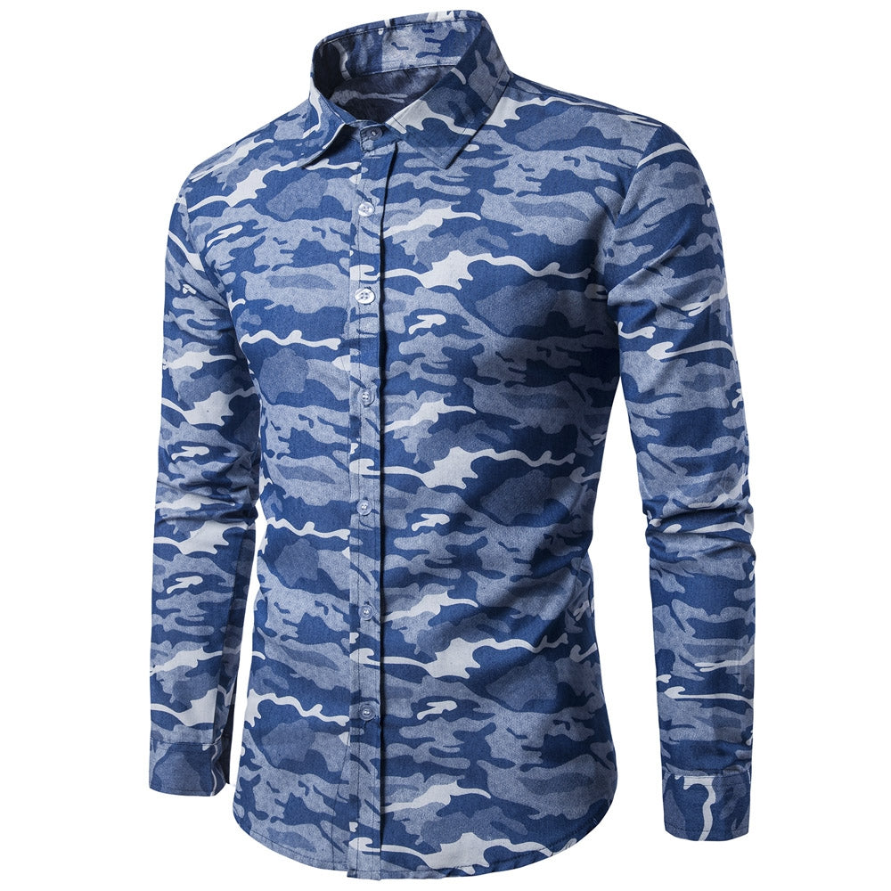 Casual Lapel Collar Camouflage Long Sleeve Denim Shirt for Men 2685