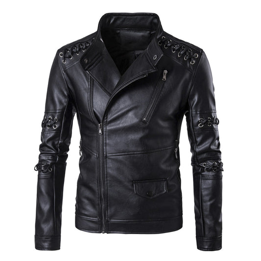 Cool Asymmetrical Zip Black Men Coat Biker Jacket with Sennit Design 2261