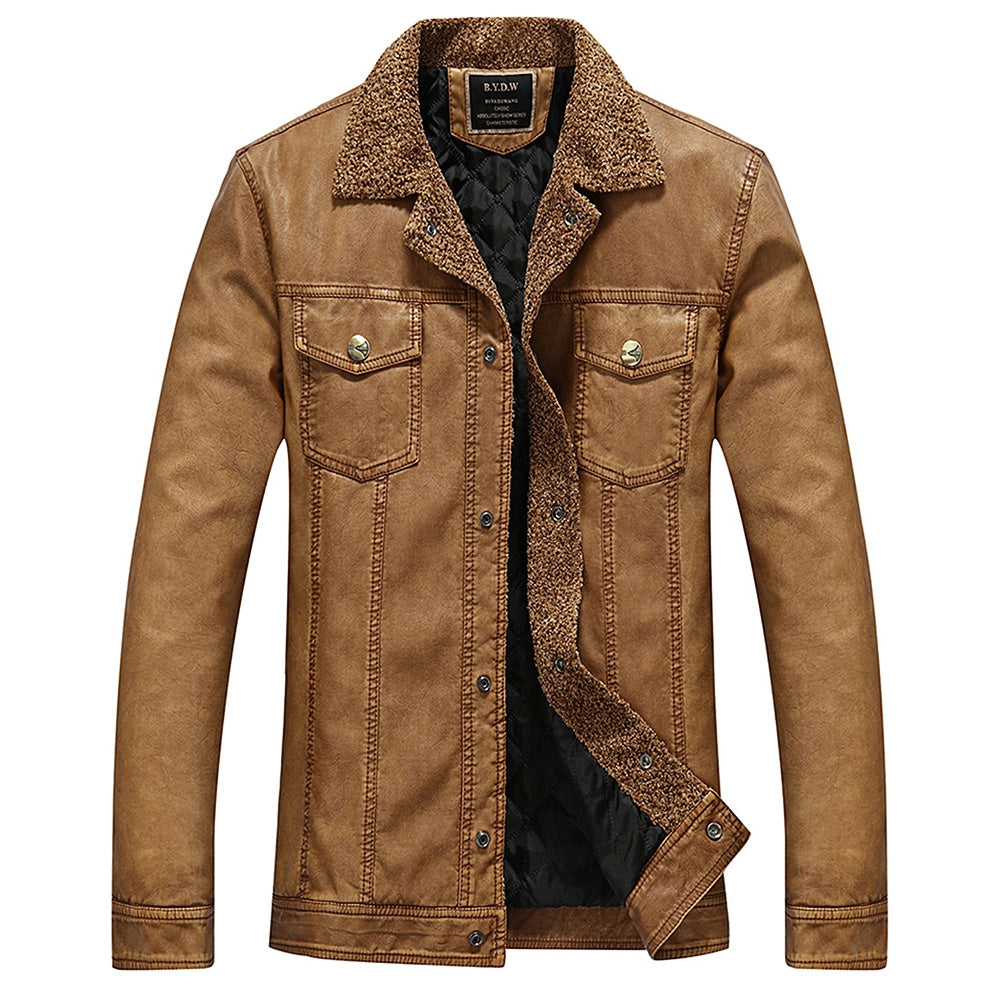 Men's Solid Color Turndown Collar Padded Faux Leather Jacket