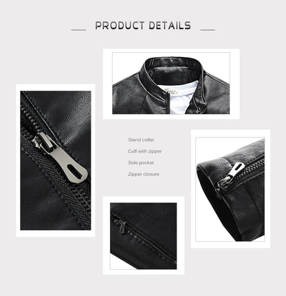 Classic Faux Leather Stand Collar Zipper Slim Fit Short Coat Jacket for Men 2212