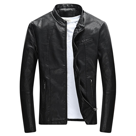 Classic Faux Leather Stand Collar Zipper Slim Fit Short Coat Jacket for Men 2212