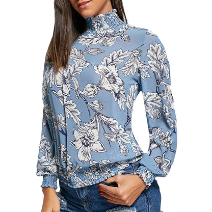 Mock Neck Floral Chiffon Long Sleeve Top 7476