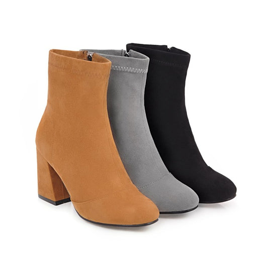 Women's Suede Round Toe Side Zippers Block Heel Short Boots