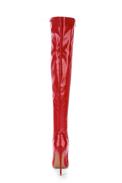 Women's Patent Leather Pointed Toe Stitching Side Zippers Stiletto Heel Over the Knee Boots