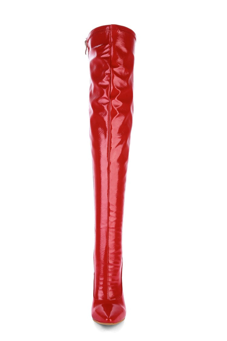 Women's Patent Leather Pointed Toe Stitching Side Zippers Stiletto Heel Over the Knee Boots