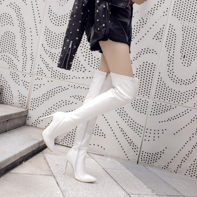 Women's Patent Leather Pointed Toe Stitching Side Zippers Stiletto Heel Over the Knee Boots