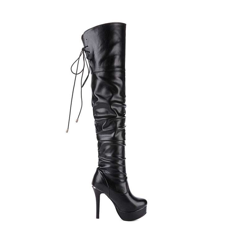 Women's Pu Leather Pleated Stiletto Heel Platform Over the Knee Boots
