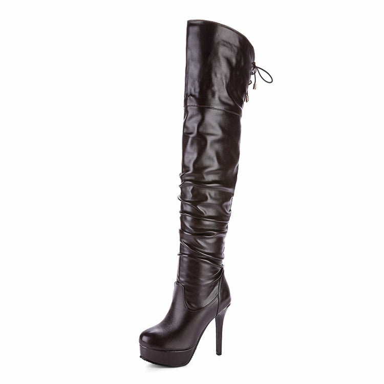 Women's Pu Leather Pleated Stiletto Heel Platform Over the Knee Boots
