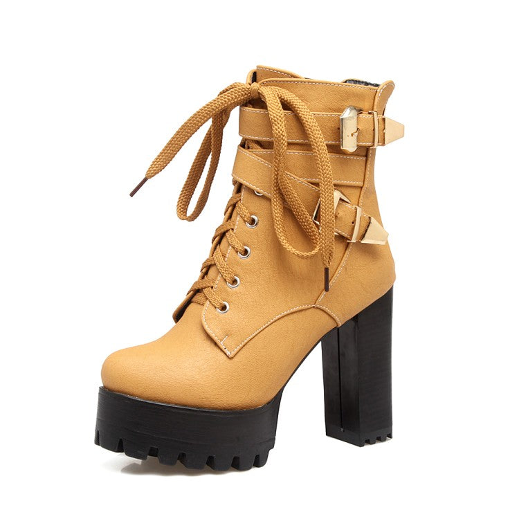 Women's Frosted Pu Leather Round Toe Tied Belts Buckles Block Heel Platform Short Boots