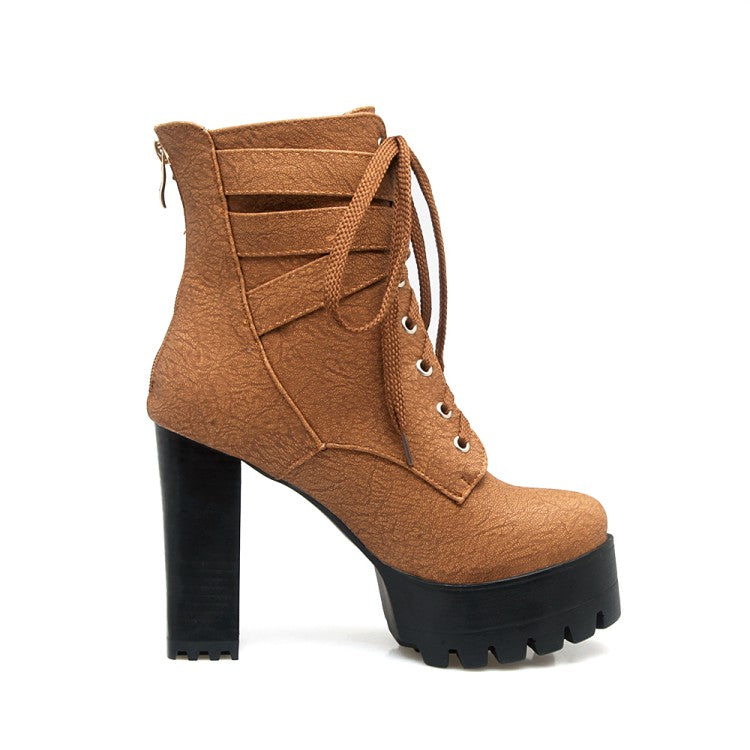 Women's Frosted Pu Leather Round Toe Tied Belts Buckles Block Heel Platform Short Boots